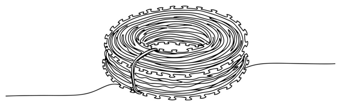 Coiled roll of sharp barbed wire for security fencing in minimalist continuous line art
