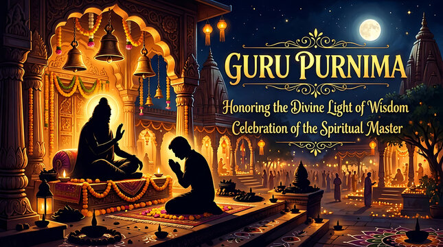  Traditional Guru Purnima silhouette artwork portraying disciple and guru beneath sacred temple bells with elegant English festive typography beautifully illuminated tonight