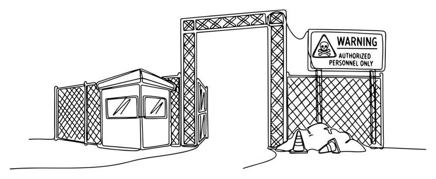 Guarded entrance checkpoint with security booth and warning sign in continuous line art