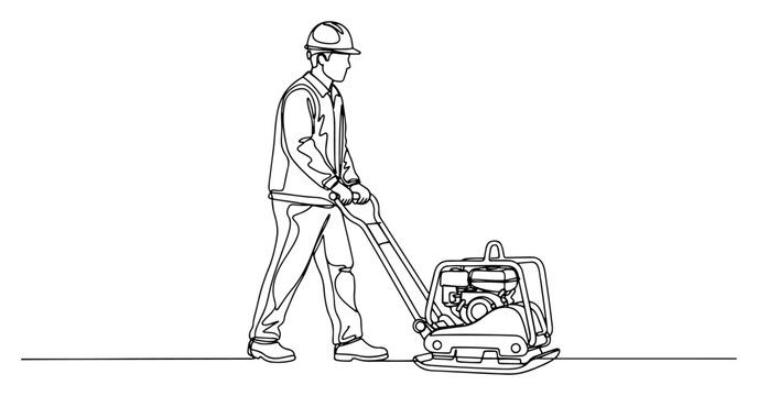 Construction worker using vibratory plate compactor machine in minimalist continuous line art style