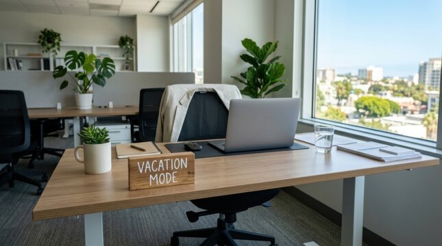 Office desk with "Vacation Mode" sign and laptop ready for a break