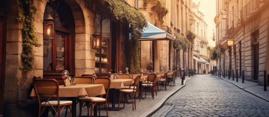 Fototapeta premium Experience the timeless charm and romantic tranquility of a sun-drenched European sidewalk cafe.