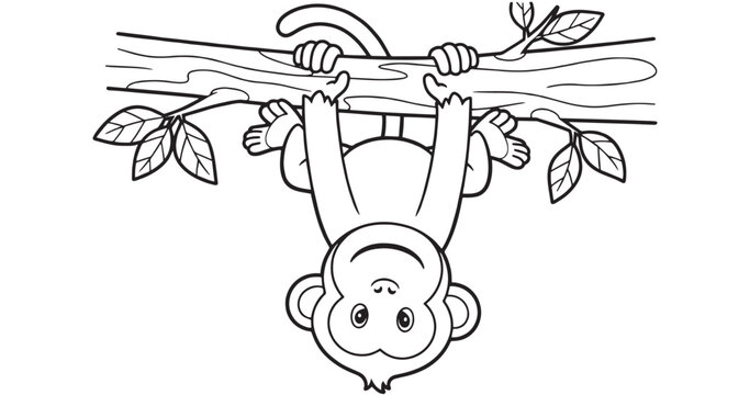 Monkey Hanging on Tree Branch Cartoon Line Art Illustration Animal Design