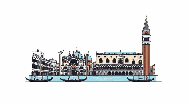 Venice skyline with gondolas on water in flat design