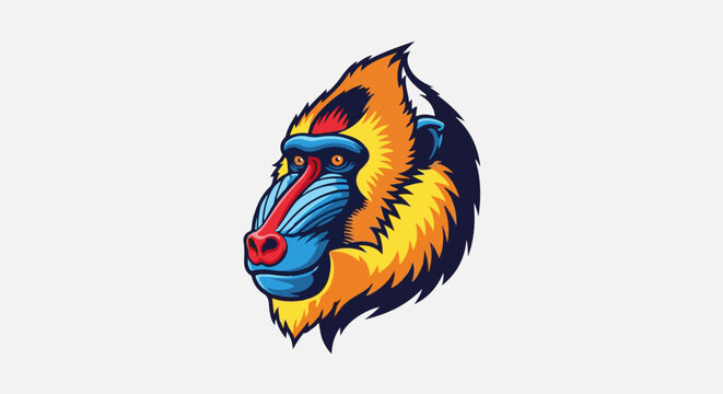 Vibrant cartoon portrait of a mandrill's head, showcasing striking colors