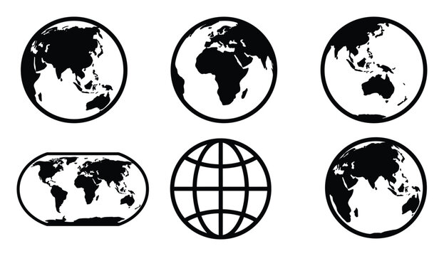 Collection of Earth globes and world map illustrations in various styles and projections for global concepts.