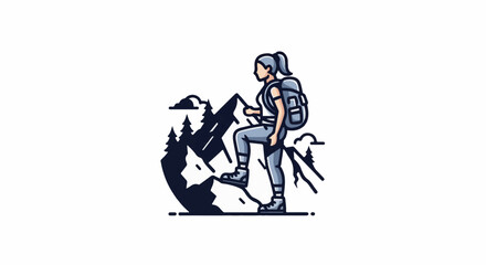 Fototapeta premium Woman hiker climbing a rocky mountain with trees and clouds