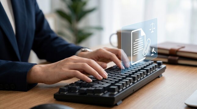 Lawyer typing on keyboard with digital legal documents and gavel icon overlay