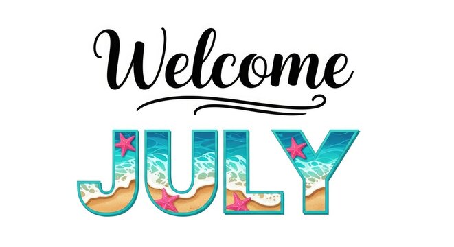 Welcome july independence day summer celebration graphic with beach elements