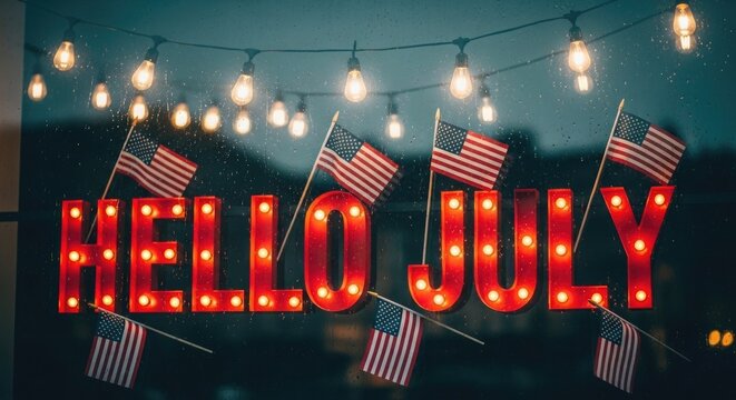 Independence day celebration 'hello july' with american flags and string lights