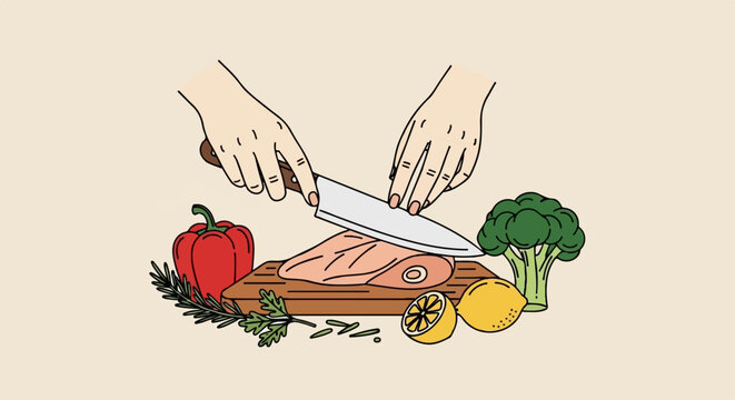 Two hands preparing raw chicken on a cutting board with vegetables