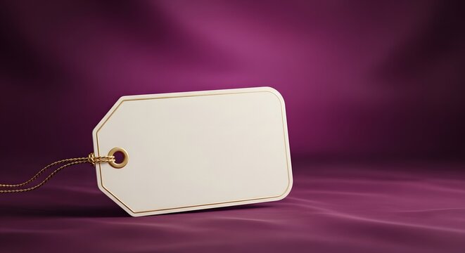 Blank white gift tag with gold string on purple fabric background