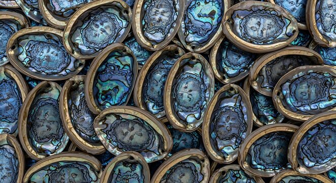 Close up of numerous abalone shells with iridescent textures and patterns
