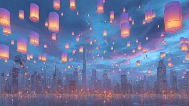 Floating lanterns over city skyline at night illustrative concept