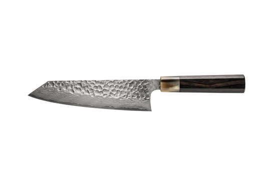 Japanese kiritsuke chef knife with hammered damascus steel blade side view isolated. Professional kitchen cutlery.