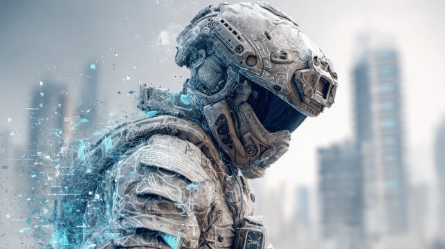 Futuristic soldier with advanced helmet concept art against cityscape background