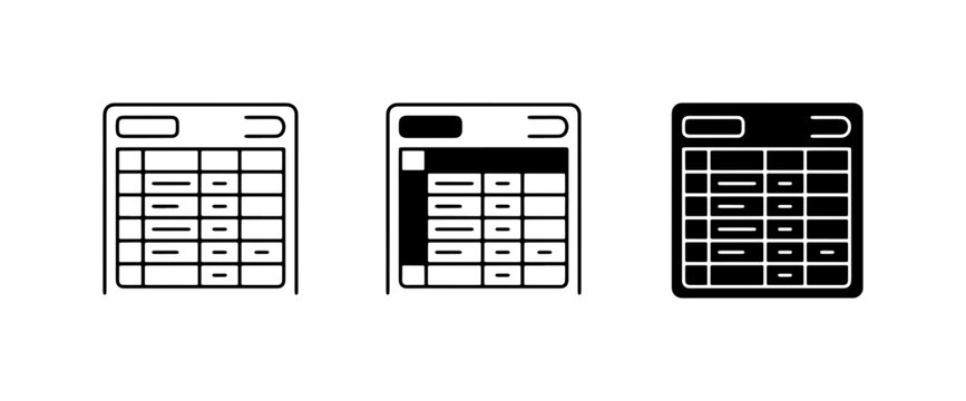 Spreadsheet Icons Set, Data Table Grid Vector Graphics, Financial Report Chart Symbols