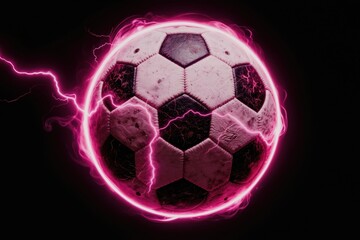 Fototapeta premium Energetic soccer ball glows with pink lightning energy on dark background. Dynamic motion, power, speed, and intense action concept for sports themes. Futuristic game feel.