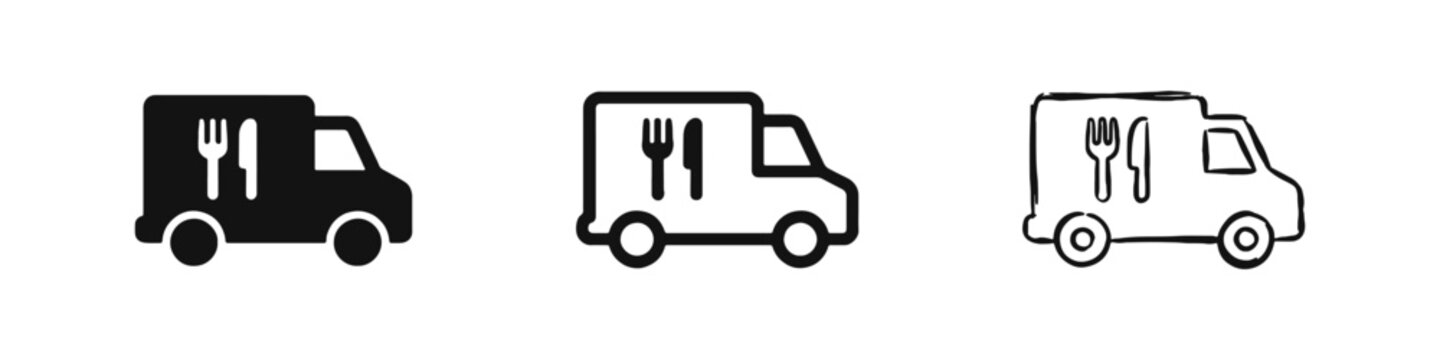 Food delivery truck icon set for catering, restaurant, and logistics services.