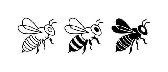 Fototapeta premium Three Stylized Bee Icons, Line Art and Silhouette, Insect Vector Collection for Nature and Wildlife Designs