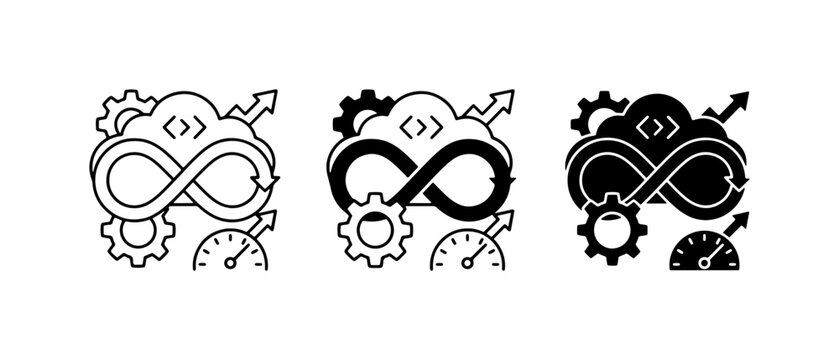 DevOps Cloud Icons: Continuous Integration, Automation, Speed, and Efficiency Symbols. Set of 3 Vector Graphics for Software Development and IT Operations.
