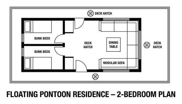 Floating pontoon residence two bedroom plan bunk beds modular sofa dining table vector.