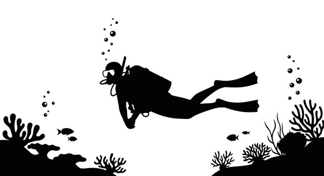 Scuba diver silhouette with bubbles and coral reef