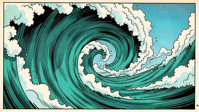 Pop Art Illustration of Powerful Ocean Waves, Vibrant Retro Sea Wave Graphic Design with High Contrast Colors, Artistic Modern Surf Culture, High Quality Image for Creative Digital Project