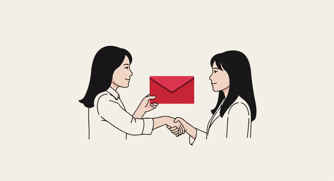Two women exchange a red envelope, shaking hands