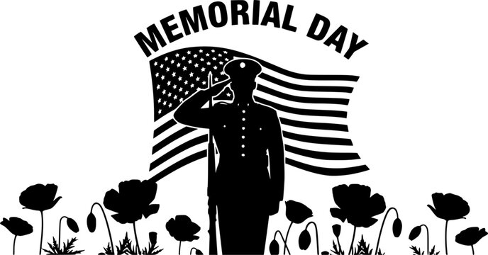 Soldier silhouette saluting at grave marker with large American flag