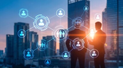Fototapeta premium Business team observing digital social network connection graph overlay on city skyline at sunset representing professional networking and human resources team management strategies