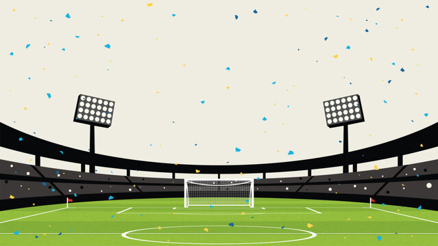 Soccer stadium fish eyes view with confetti have blank space.