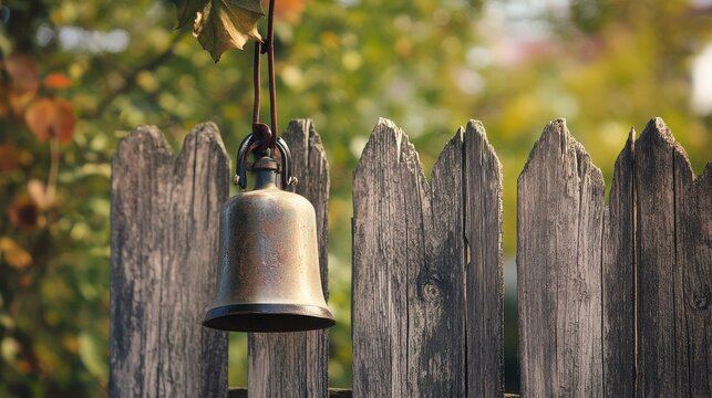 Rusty cowbell hanging on wooden fence