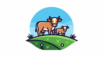 Fototapeta premium Two cows, mother and calf, stand on a grassy hill under a blue sky