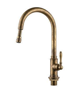 Antique bronze kitchen faucet side view isolated. Vintage plumbing fixture.