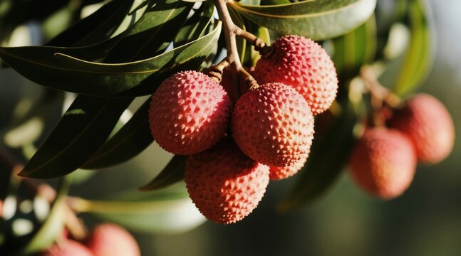 Ripe pinkish red lychee fruit cluster grows on tree branch with green leaves. Sunlight creates soft bokeh highlights on bumpy textured skin of exotic produce. Fresh, healthy, juicy tropical snack