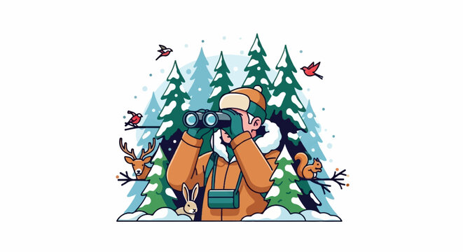 Winter observer with binoculars and woodland creatures