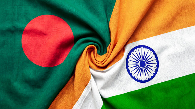 Close up of intertwined bangladesh and india flags representing diplomacy