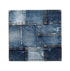 Square blue denim patchwork fabric isolated. Upcycled textile background.