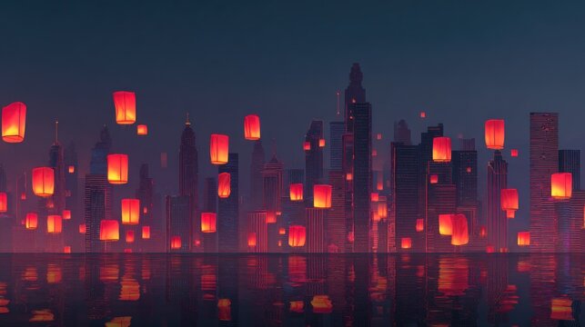Floating lanterns over city skyline at night illustration