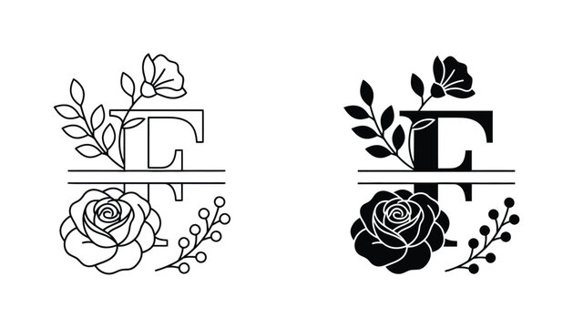 Letter F monogram with rose and leaf floral decorative split design for personalized printing and vinyl cutting