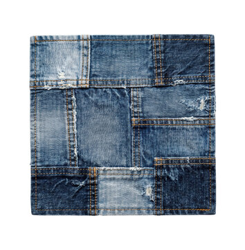 Square blue denim patchwork fabric isolated. Upcycled textile background.