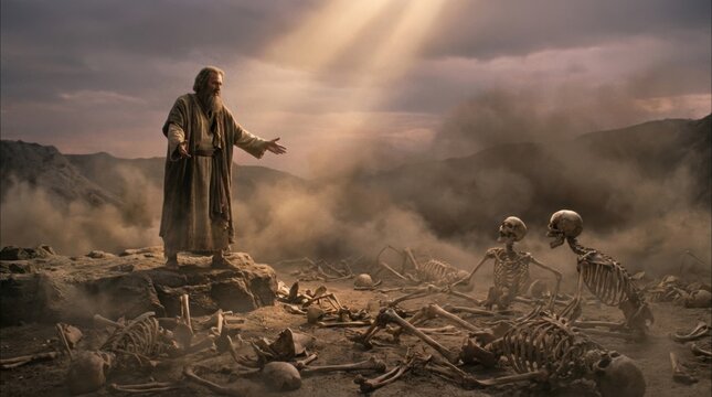 Prophet Ezekiel stands in a valley of dry bones with arms outstretched as divine light shines from heaven during a miraculous moment of resurrection and Biblical hope