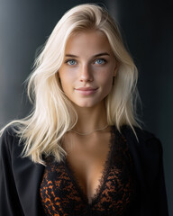 Naklejka premium Blonde woman blue eye black lace dress confident smile modern style natural makeup elegant fashion portrait