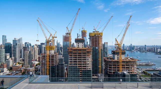 Skyscrapers under construction dominate the urban skyline with multiple cranes at work