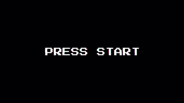 Animated "Press Start" text with a glitch effect on a black background. Classic retro game start screen typography for arcades, game UIs, and nostalgic interfaces.