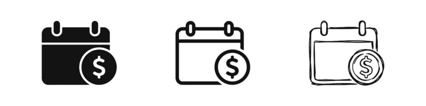 Financial calendar icon set, payment schedule symbol with dollar coin in flat, outline and hand-drawn styles
