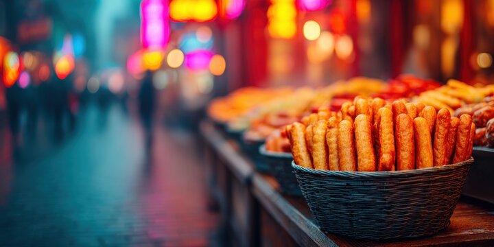 fried dough sticks in wicker basket at night market street food stall representing asian breakfast culture crispy snack tradition and local food experience concept