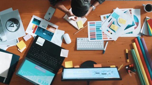 Top view of smart businessman hand choosing color palettes while designing logo graphic. Aerial view of professional interior designer design and select color theme by using color palettes. Symposium.
