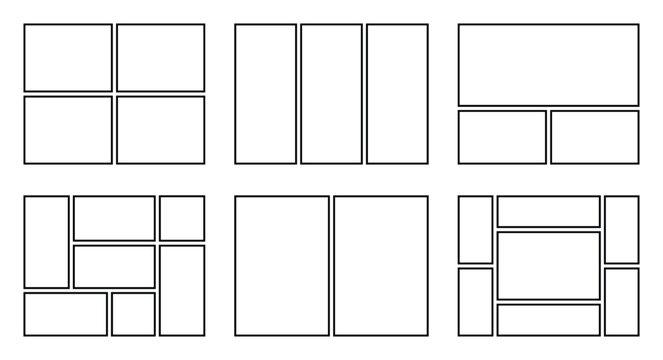 Six graphic layouts depicting rectangles divided into various compositions.